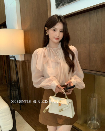 SE GENTLE SUN Elegant Lace Bow Tie Blouse