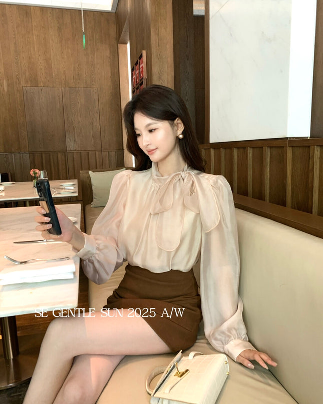 SE GENTLE SUN Elegant Lace Bow Tie Blouse