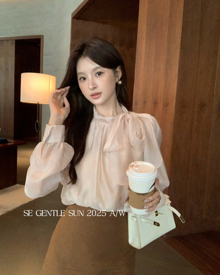 SE GENTLE SUN Elegant Lace Bow Tie Blouse