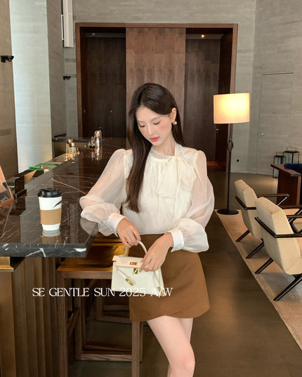 SE GENTLE SUN Elegant Lace Bow Tie Blouse