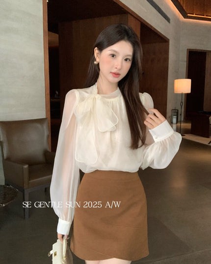 SE GENTLE SUN Elegant Lace Bow Tie Blouse