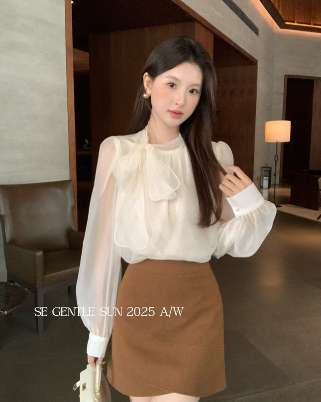 SE GENTLE SUN Elegant Lace Bow Tie Blouse