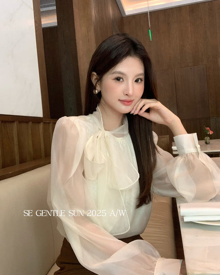 SE GENTLE SUN Elegant Lace Bow Tie Blouse