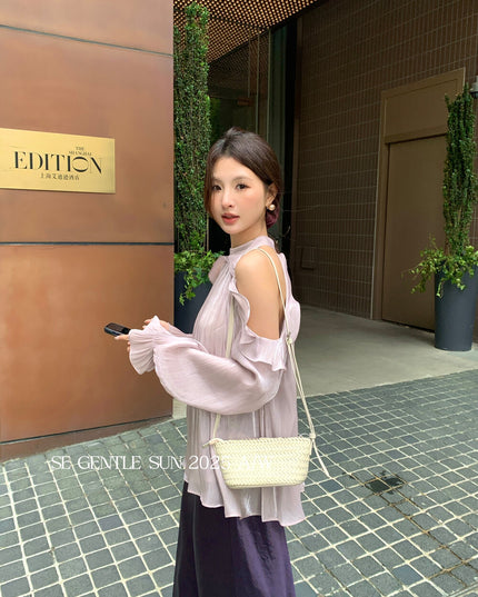 SE GENTLE SUN Romantic Off-Shoulder Ruffle Lace Blouse