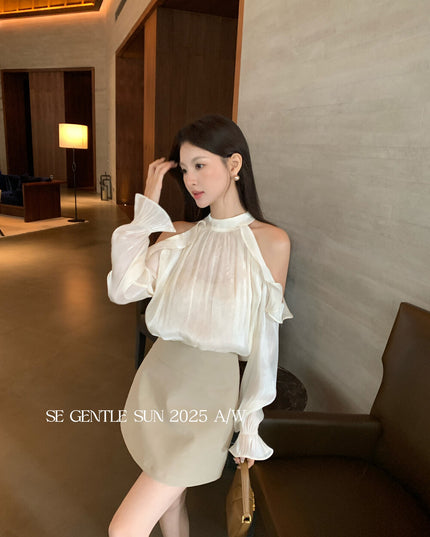 SE GENTLE SUN Romantic Off-Shoulder Ruffle Lace Blouse
