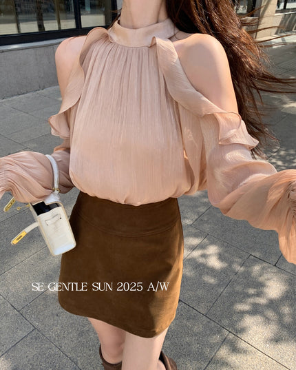 SE GENTLE SUN Romantic Off-Shoulder Ruffle Lace Blouse