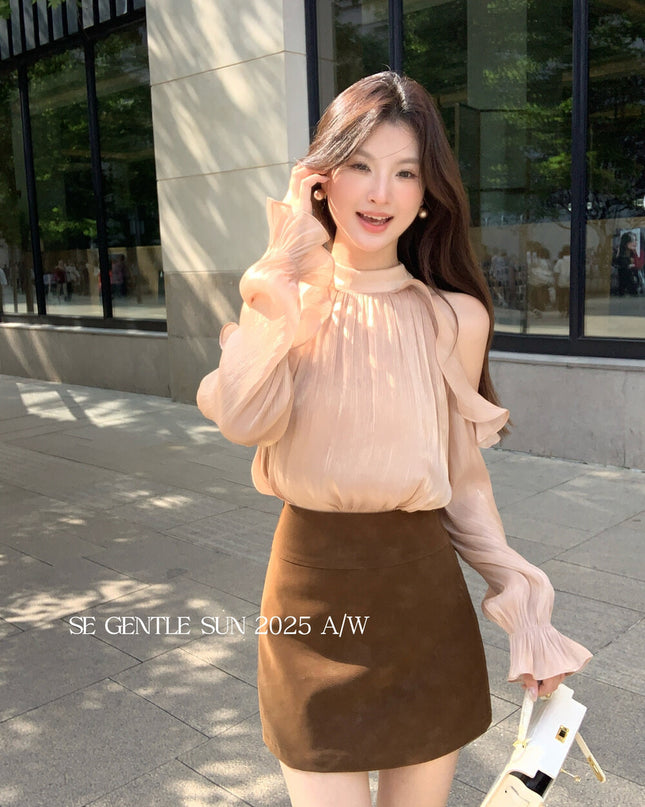 SE GENTLE SUN Romantic Off-Shoulder Ruffle Lace Blouse