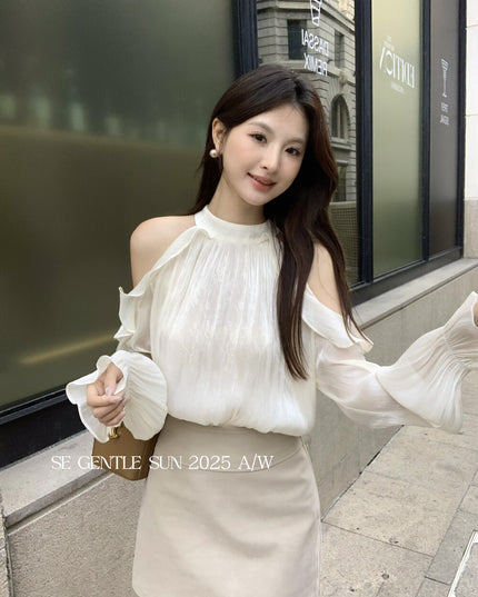 SE GENTLE SUN Romantic Off-Shoulder Ruffle Lace Blouse