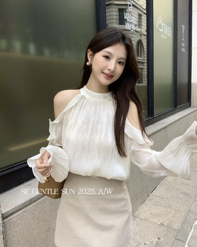 SE GENTLE SUN Romantic Off-Shoulder Ruffle Lace Blouse