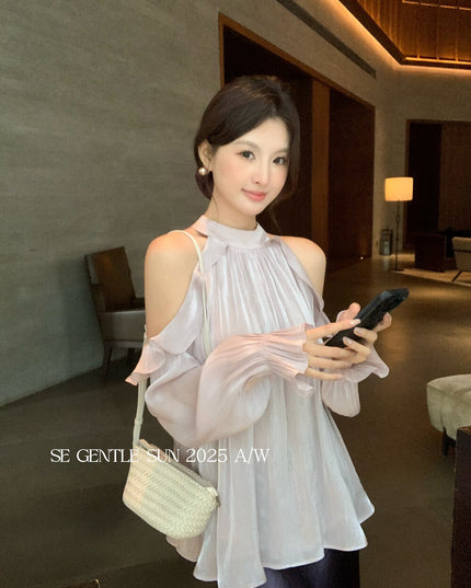 SE GENTLE SUN Romantic Off-Shoulder Ruffle Lace Blouse