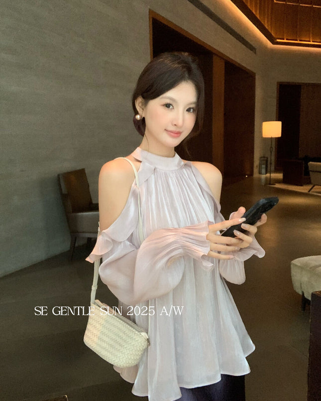 SE GENTLE SUN Romantic Off-Shoulder Ruffle Lace Blouse