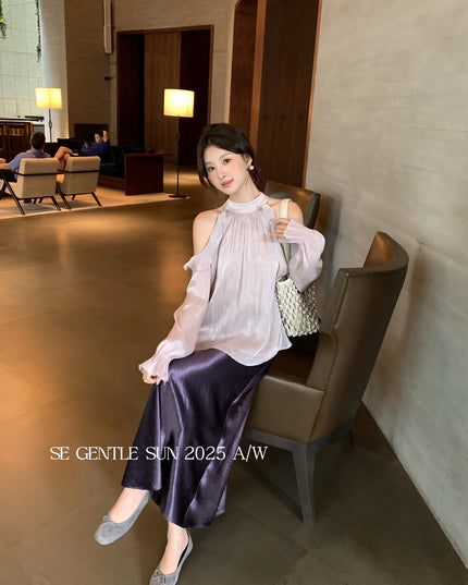 SE GENTLE SUN Romantic Off-Shoulder Ruffle Lace Blouse