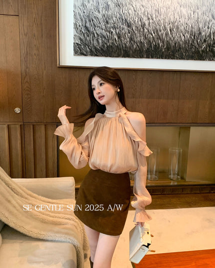 SE GENTLE SUN Romantic Off-Shoulder Ruffle Lace Blouse