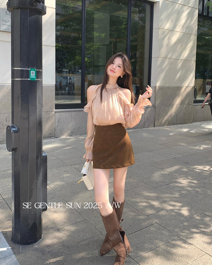 SE GENTLE SUN Romantic Off-Shoulder Ruffle Lace Blouse