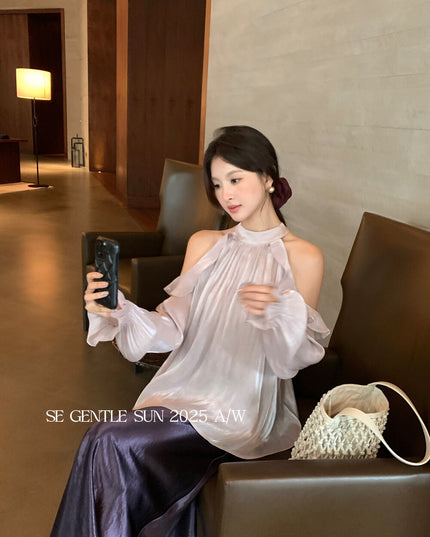SE GENTLE SUN Romantic Off-Shoulder Ruffle Lace Blouse