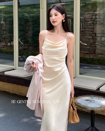 SE GENTLE SUN Elegant Cowl Neck Satin Strap Dress