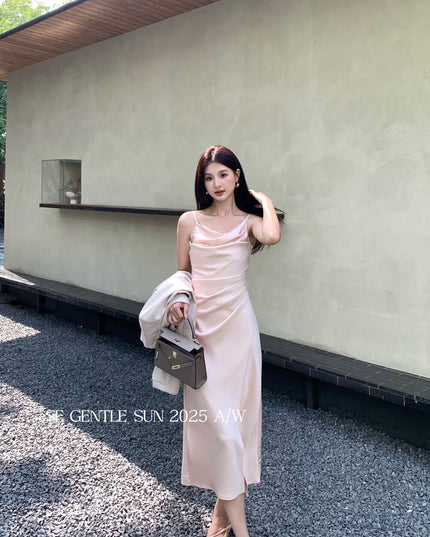 SE GENTLE SUN Elegant Cowl Neck Satin Strap Dress