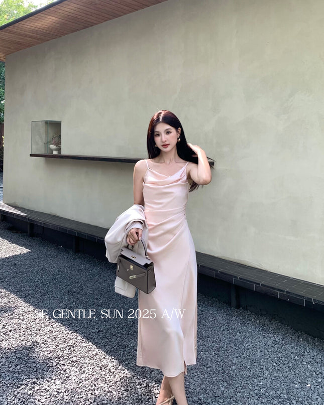 SE GENTLE SUN Elegant Cowl Neck Satin Strap Dress