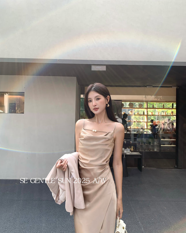 SE GENTLE SUN Elegant Cowl Neck Satin Strap Dress