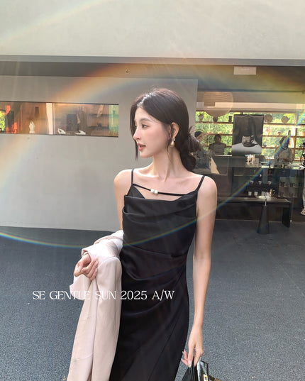 SE GENTLE SUN Elegant Cowl Neck Satin Strap Dress