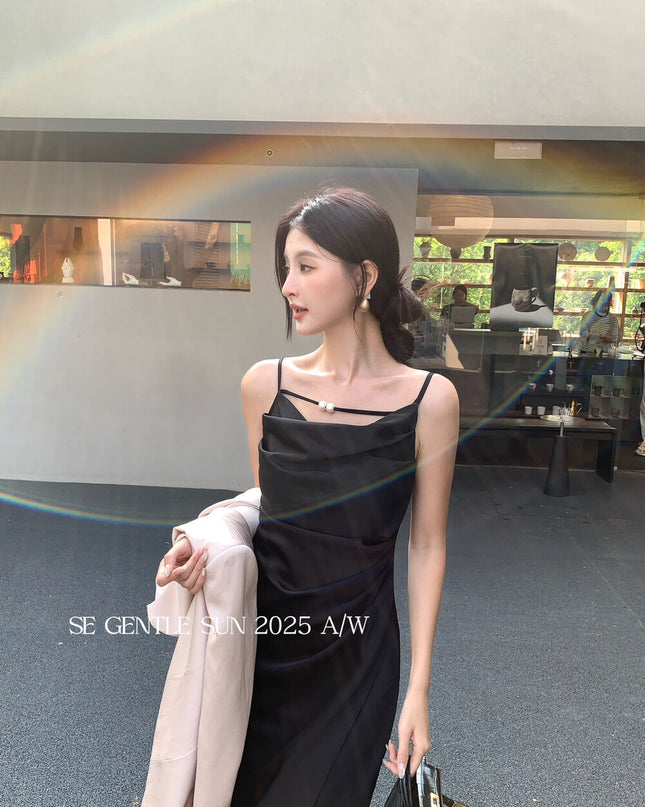 SE GENTLE SUN Elegant Cowl Neck Satin Strap Dress