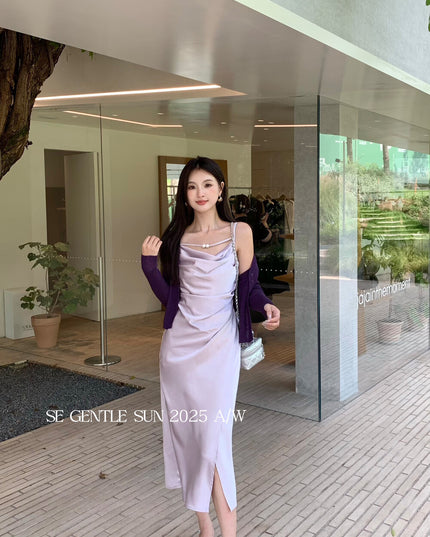 SE GENTLE SUN Elegant Cowl Neck Satin Strap Dress