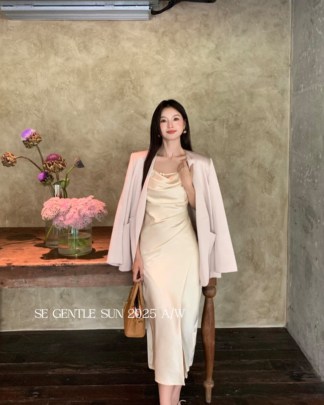 SE GENTLE SUN Elegant Cowl Neck Satin Strap Dress