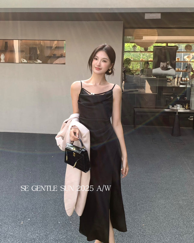 SE GENTLE SUN Elegant Cowl Neck Satin Strap Dress