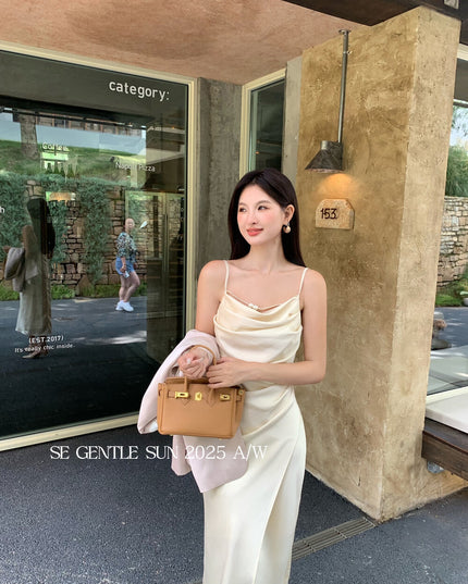 SE GENTLE SUN Elegant Cowl Neck Satin Strap Dress