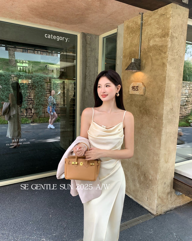 SE GENTLE SUN Elegant Cowl Neck Satin Strap Dress