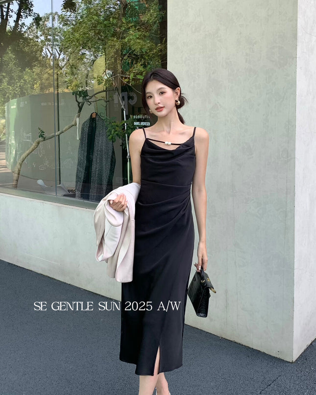 SE GENTLE SUN Elegant Cowl Neck Satin Strap Dress