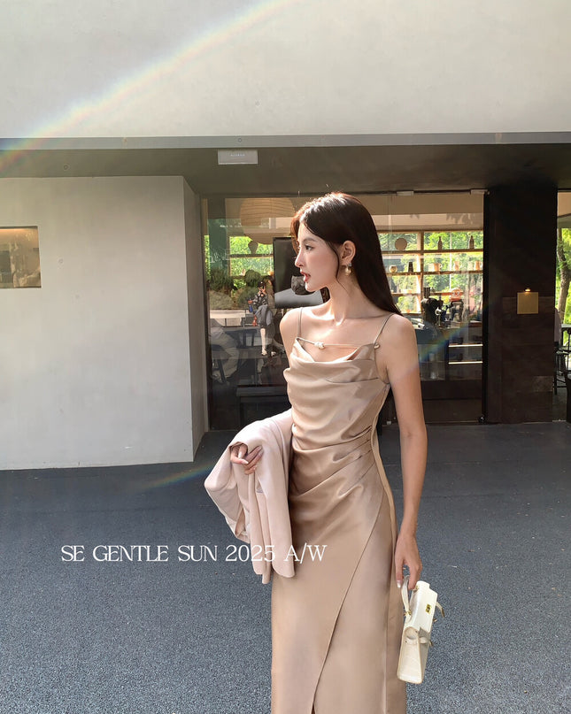 SE GENTLE SUN Elegant Cowl Neck Satin Strap Dress