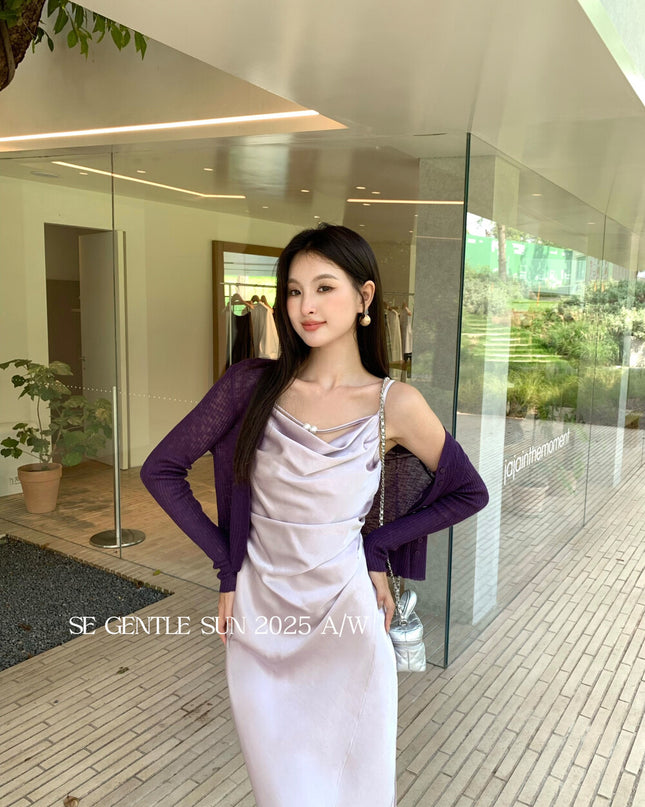 SE GENTLE SUN Elegant Cowl Neck Satin Strap Dress
