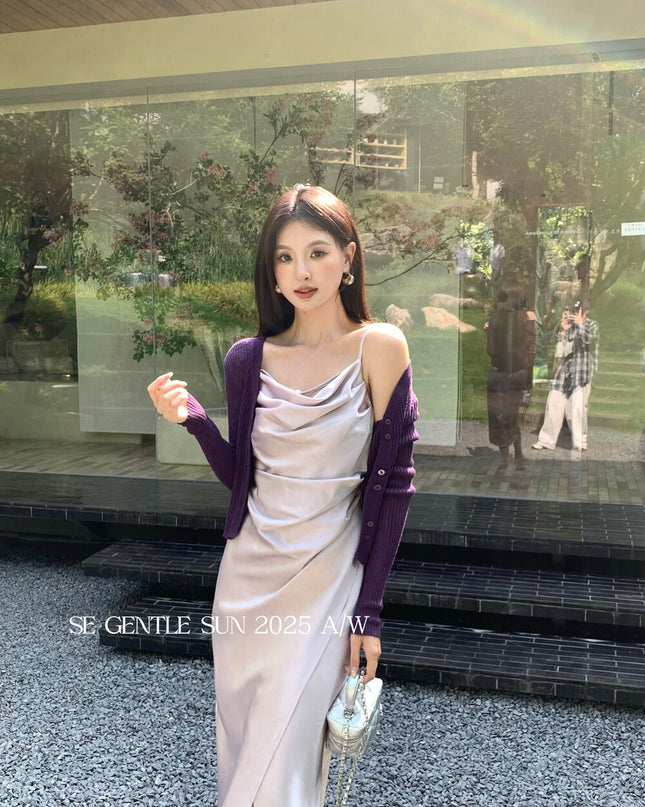 SE GENTLE SUN Elegant Cowl Neck Satin Strap Dress