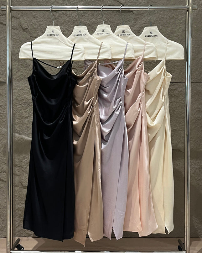 SE GENTLE SUN Elegant Cowl Neck Satin Strap Dress