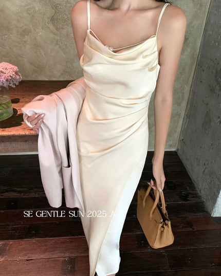 SE GENTLE SUN Elegant Cowl Neck Satin Strap Dress