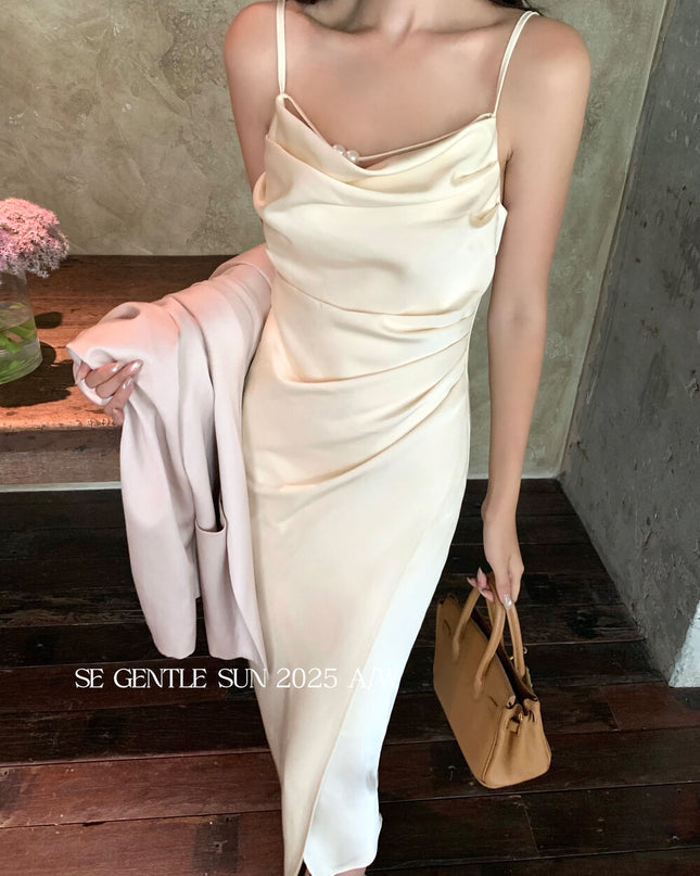 SE GENTLE SUN Elegant Cowl Neck Satin Strap Dress