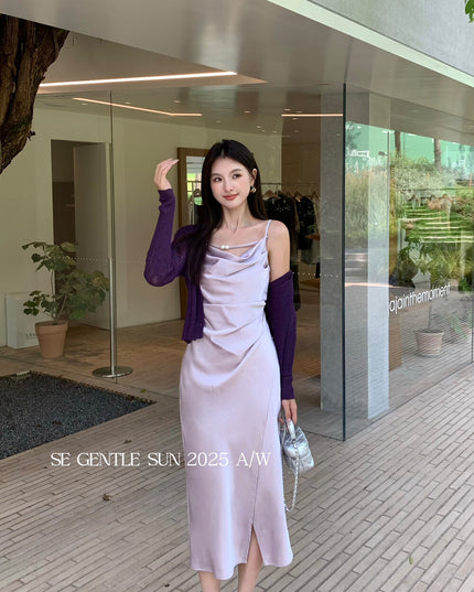 SE GENTLE SUN Elegant Cowl Neck Satin Strap Dress