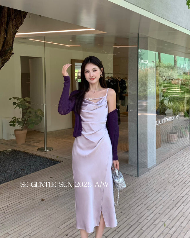 SE GENTLE SUN Elegant Cowl Neck Satin Strap Dress