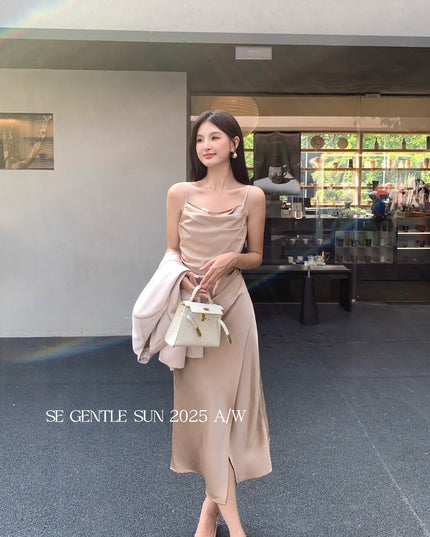 SE GENTLE SUN Elegant Cowl Neck Satin Strap Dress