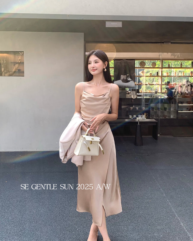 SE GENTLE SUN Elegant Cowl Neck Satin Strap Dress