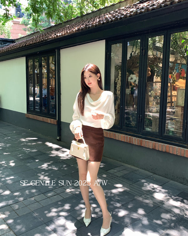 SE GENTLE SUN Elegant French Cowl Neck Satin Blouse