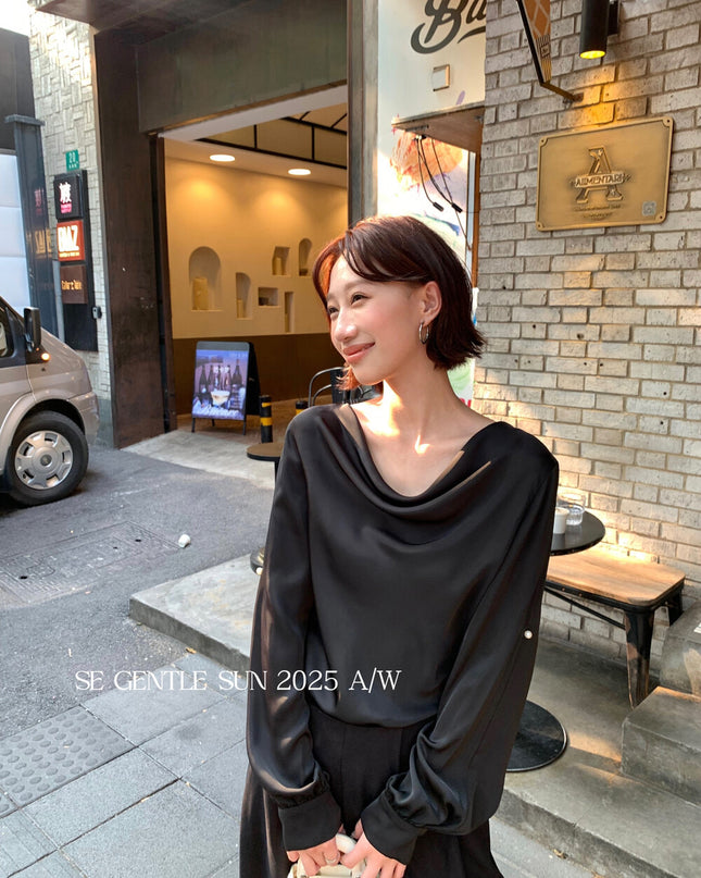 SE GENTLE SUN Elegant French Cowl Neck Satin Blouse