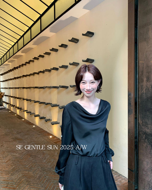 SE GENTLE SUN Elegant French Cowl Neck Satin Blouse