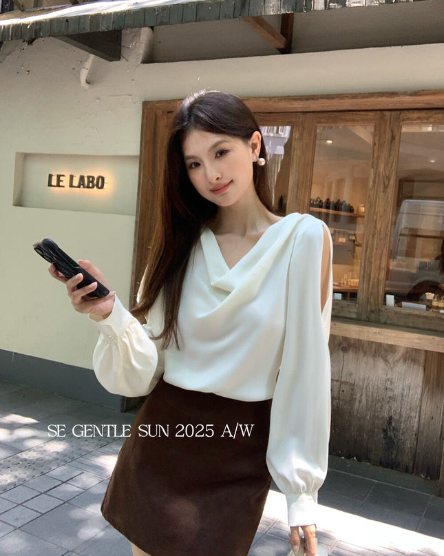 SE GENTLE SUN Elegant French Cowl Neck Satin Blouse
