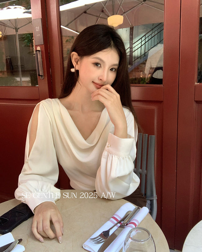 SE GENTLE SUN Elegant French Cowl Neck Satin Blouse