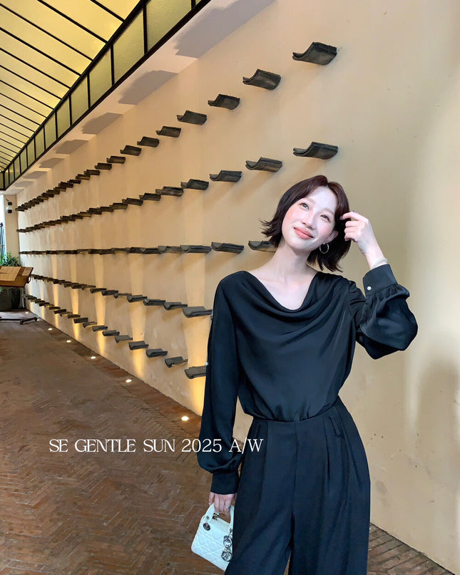 SE GENTLE SUN Elegant French Cowl Neck Satin Blouse