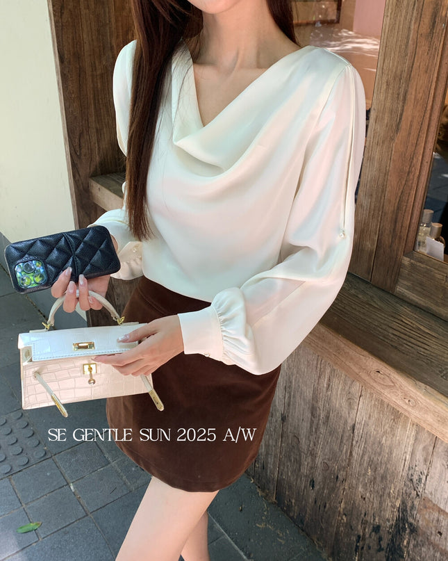SE GENTLE SUN Elegant French Cowl Neck Satin Blouse