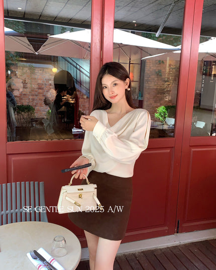 SE GENTLE SUN Elegant French Cowl Neck Satin Blouse