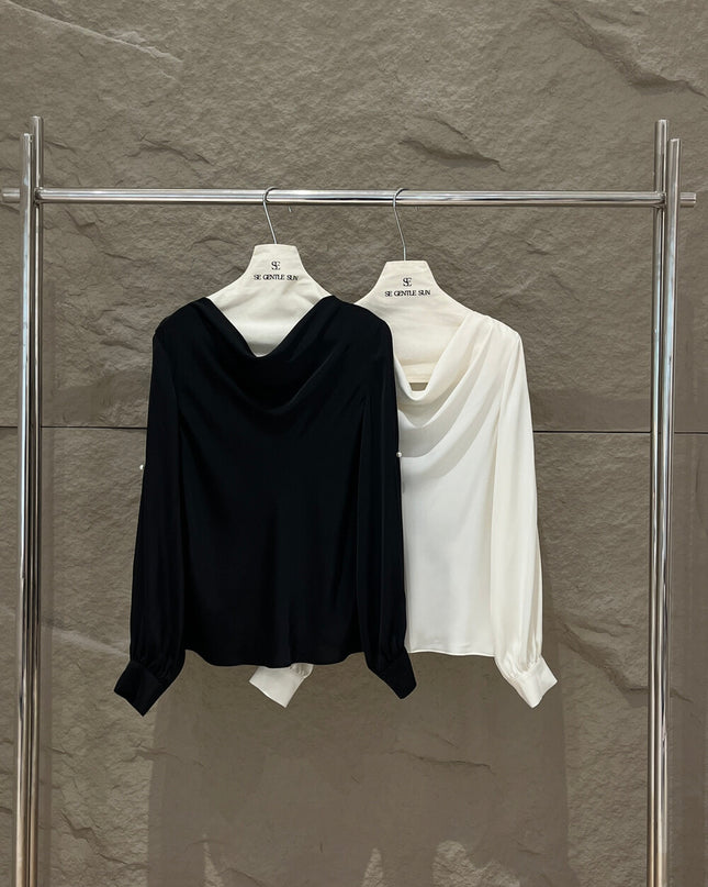 SE GENTLE SUN Elegant French Cowl Neck Satin Blouse